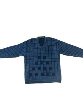 Peach By Z.C. International Men’s Blue V Neck Grid Pattern Sweater Sz 42